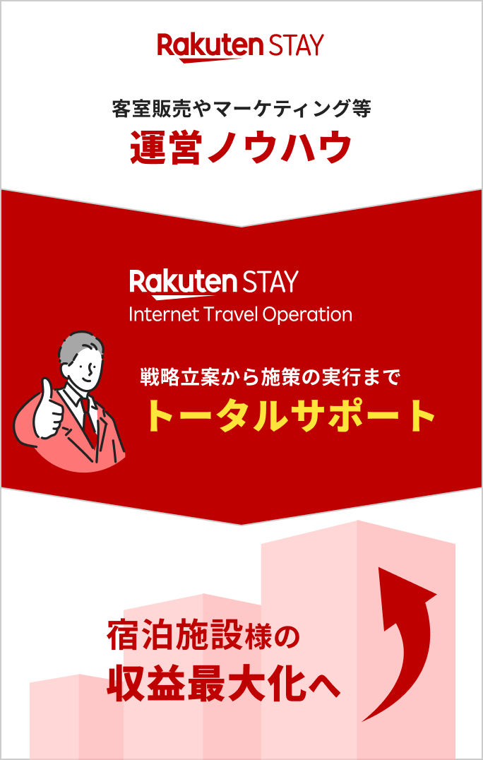 Rakuten STAYの客室販売やマーケティング等の運営ノウハウ → Rakuten STAY Internet Operationが戦略立案から施作の実行までトータルサポート → 宿泊施設様の収益最大化へ